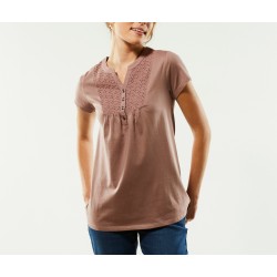 Tee-shirt col tunisien , broderie anglaise
