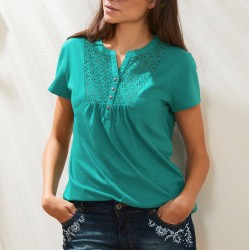 Tee-shirt col tunisien , broderie anglaise