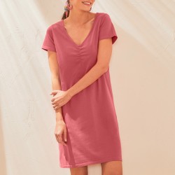 Robe manches courtes col V unie, maille stretch