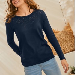Pull col rond, maille ajourée toucher cachemire